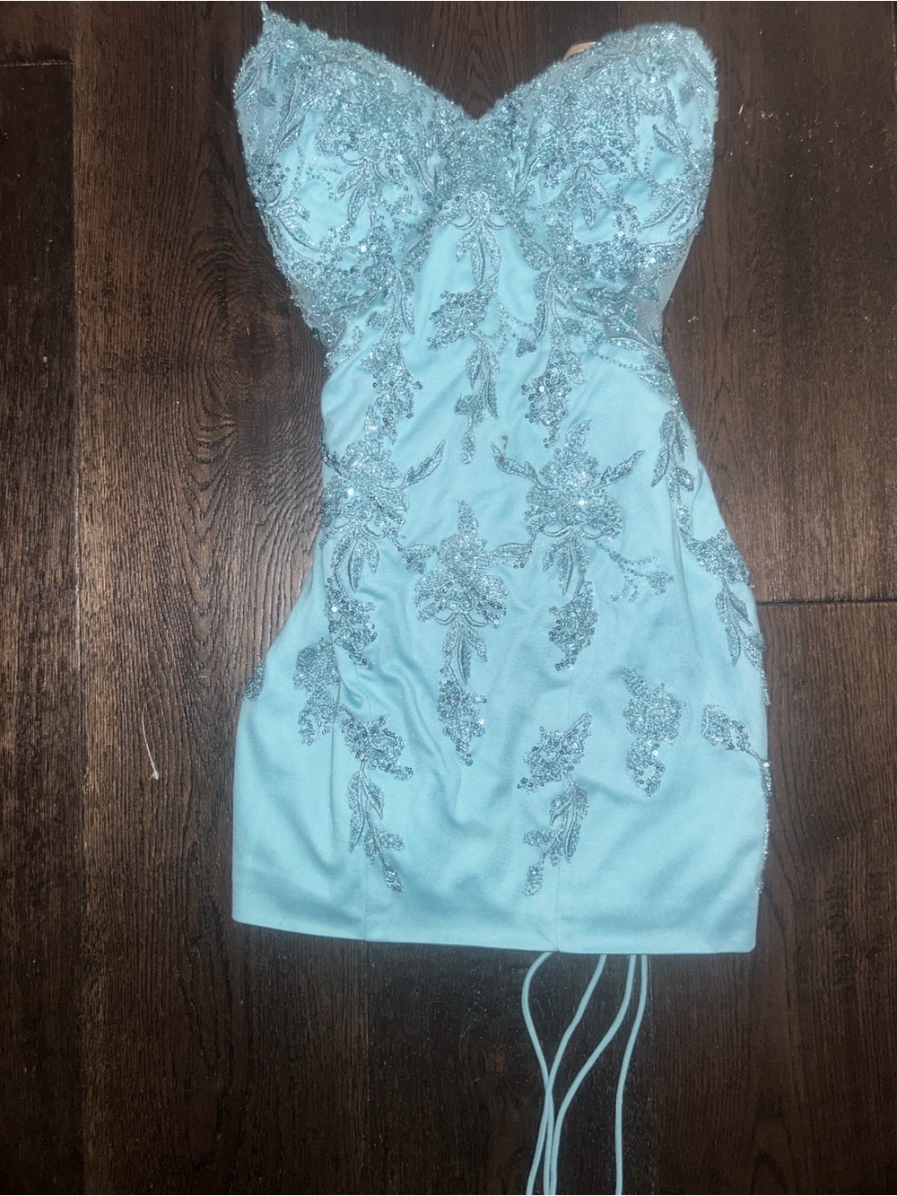 Faviana Strapless Embellished Mini Dress in Light Aqua